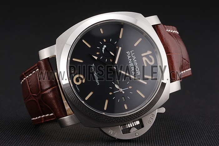 Panerai Luminor 1950 Tourbillon GMT Black Dial Stainless Steel Case Brown Leather Strap