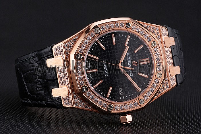 Swiss Audemars Piguet Royal Oak Black Dial Gold Case With Diamonds Black Leather Strap
