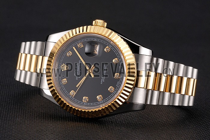 Swiss Rolex Datejust Black Dial Stainless Steel Case Gold Bezel Two Tone Bracelet