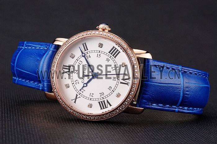 Cartier Ronde White Dial Diamond Bezel Rose Gold Case Blue Leather Strap