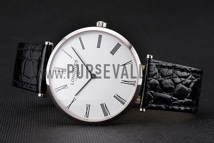 Swiss Longines Grande Classique White Dial Roman Numerals Stainless Steel Case Black Leather Strap