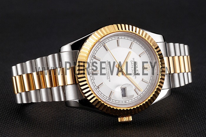 Swiss Rolex Datejust White Dial Gold Bezel Stainless Steel Case Two Tone Gold Bracelet
