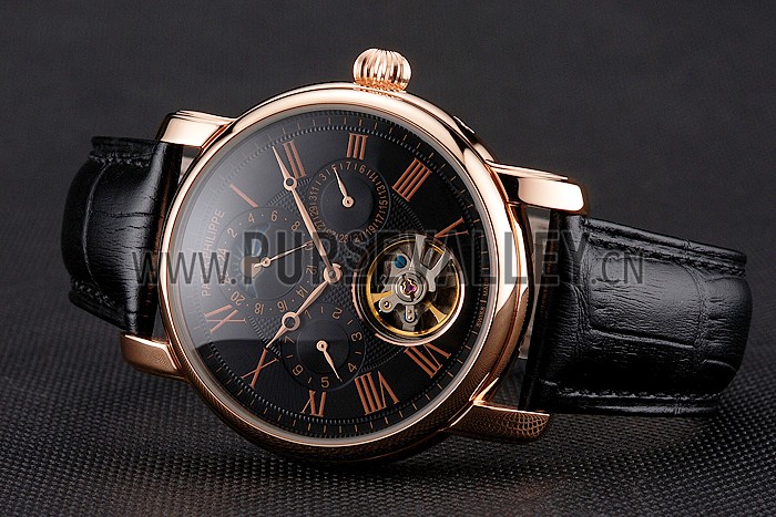 Patek Philippe Grand Complications Moonphase Perpetual Calendar Tourbillon Black Dial Rose Gold Case Black Leather Strap