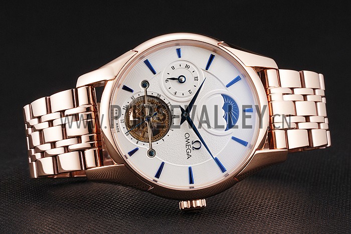 Omega De Ville Moonphase Tourbillon White Dial Blue Hands Rose Gold Case And Bracelet