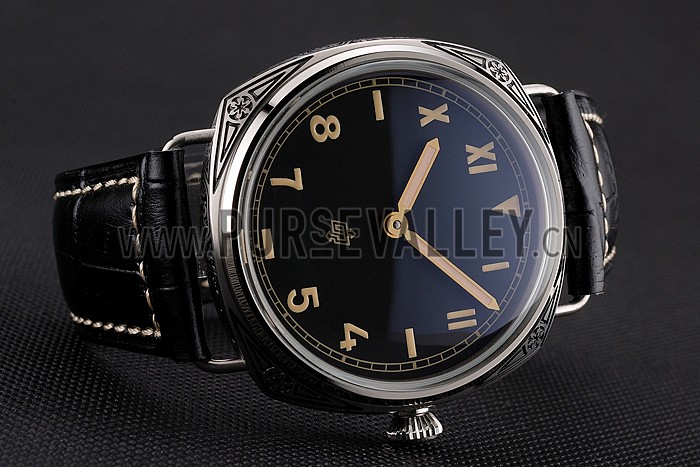 Panerai Radiomir Firenze PAM604 Black Dial Roman Numerals Engraved Stainless Steel Case Black Leather Strap