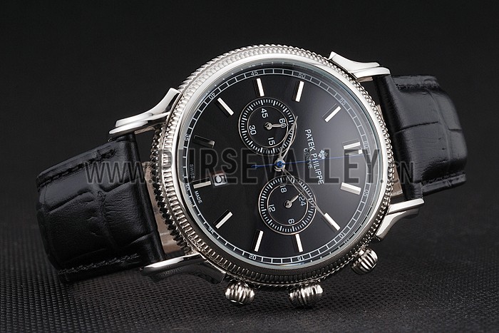 Patek Philippe Chronograph Black Dial Stainless Steel Case Black Leather Strap