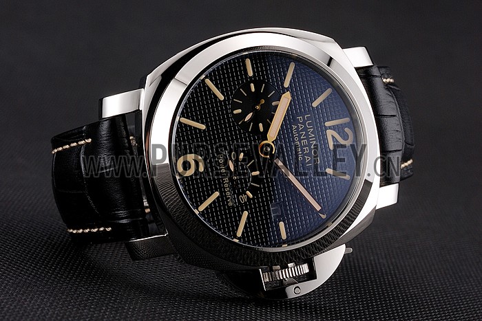 Panerai Luminor Automatic Power Reserve Black Embossed Dial Stainless Steel Case Black Leather Strap