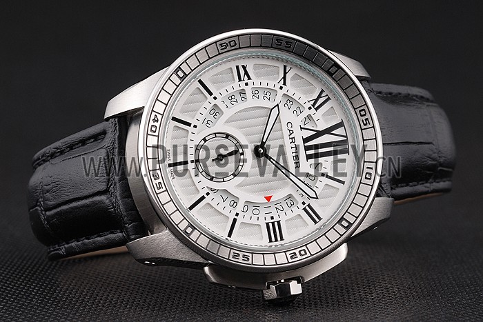 Cartier Calibre De Cartier Small Seconds White Dial Stainless Steel Case Black Leather Strap