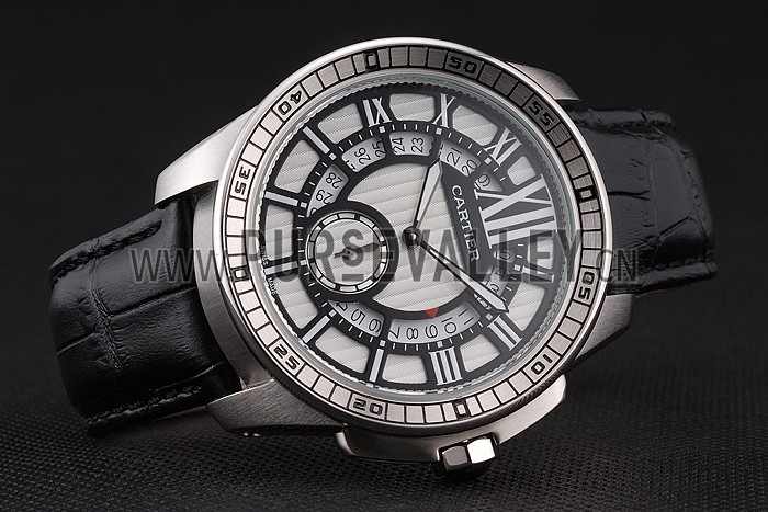Cartier Calibre De Cartier Small Seconds Black And White Dial Stainless Steel Case Black Leather Strap