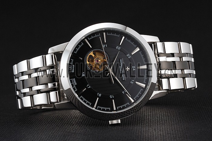 Vacheron Constantin Tourbillon Black Dial Stainless Steel Case Two Tone Steel Black Bracelet