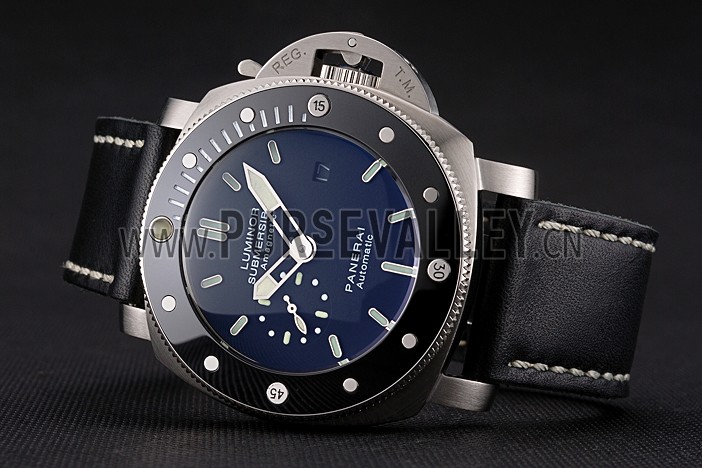 Panerai Luminor Submersible Black Dial Stainless Steel Case Black Bezel Black Leather Strap