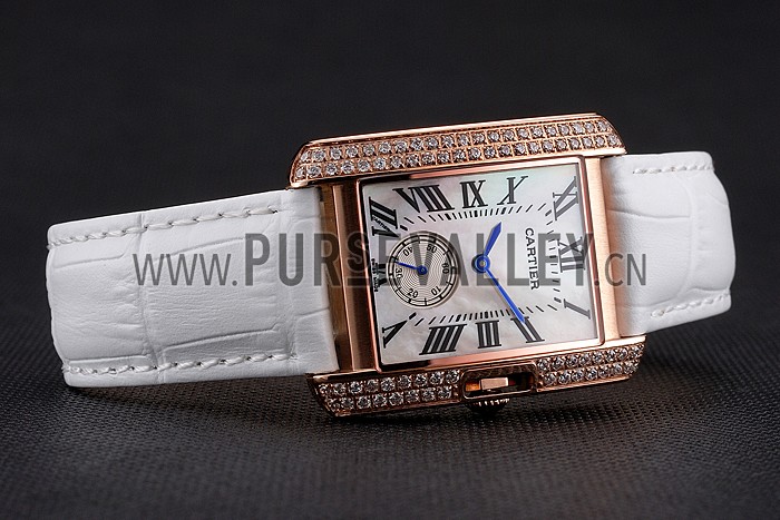 Cartier Tank MC Gold Diamond Case White Dial White Leather Strap 622169