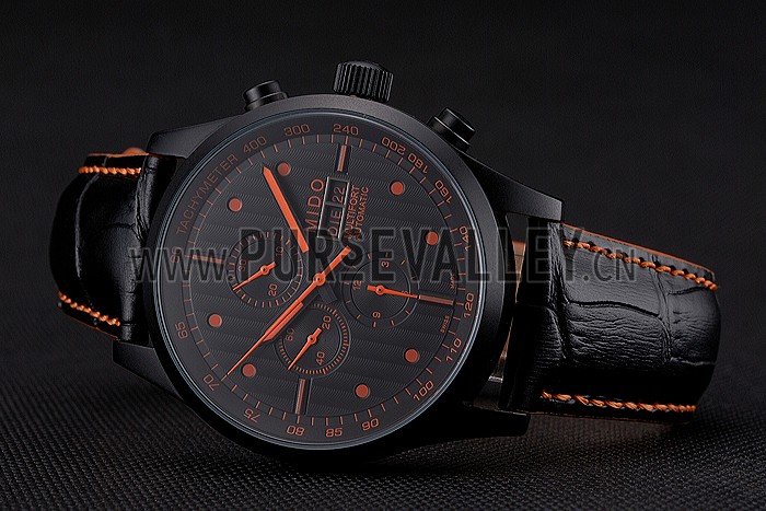 Mido Multifort Cronograph All Black & Orange Dial Black Leather Strap 622181