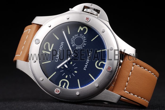 Panerai Luminor Brushed Stainless Steel Case Blue Dial Brown Leather Strap