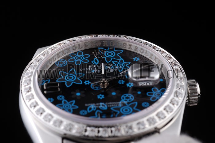 Rolex Datejust Polished Stainless Steel Dark Blue Flowers Dial Diamond Plated