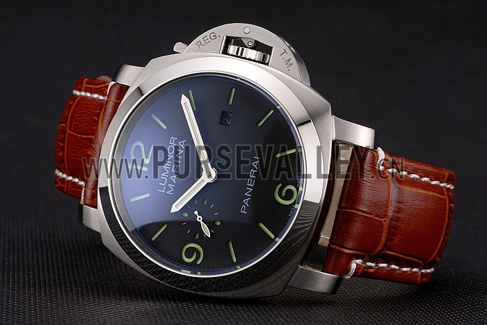 Panerai Luminor Marina 1950 Black Dial Brushed Steel Case Light Brown Leather Strap