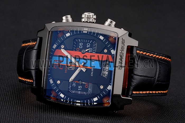 Tag Heuer Monaco Calibre 36 Blue And Orange Stripes Dial Black Leather Strap 622302
