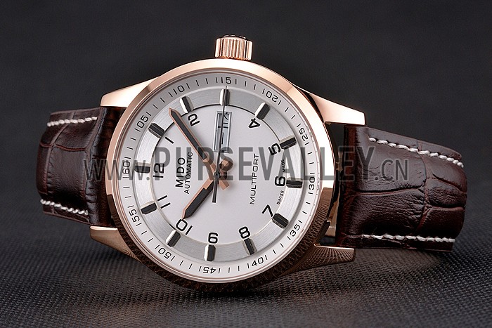 Mido Multifort Brown Croco Leather Strap White-Silver Dial 80300