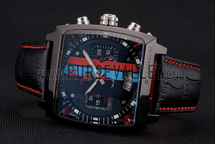 Tag Heuer Monaco Calibre 36 Blue And Red Dial Stripes Dial Black Leather Strap 622272