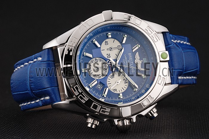 Breitling Chronomat Patrouille De France Blue Dial Stainless Steel Case Blue Leather Strap