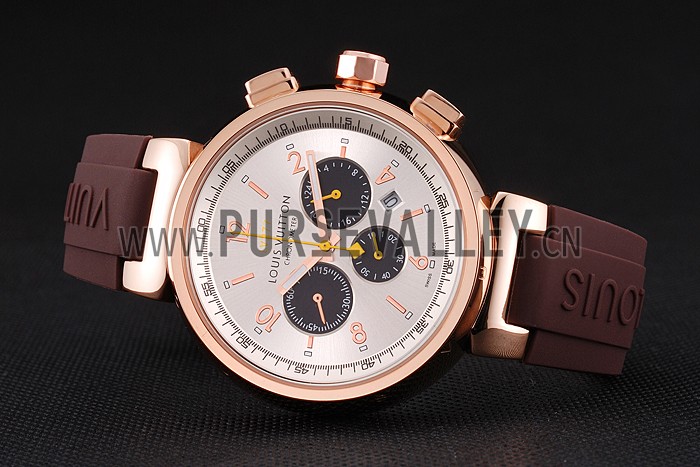 Louis Vuitton Tambour LV277 Chronograph White Dial Rose Gold Case Brown Rubber Strap