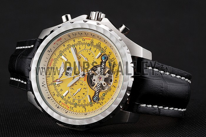 Breitling Bentley Mulliner Tourbillon Yellow Dial Stainless Steel Case Black Leather Strap 622730