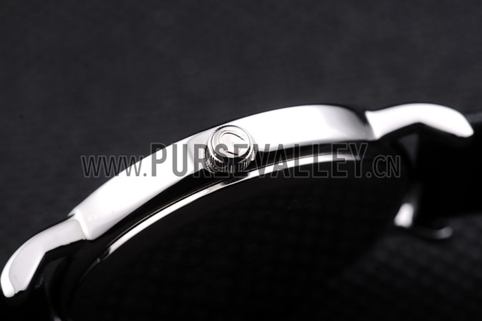 Gucci Large Polished Stainless Steel Bezel White Dial Black Leather Strap