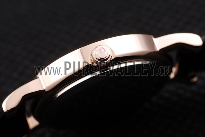 Gucci Polished Rose Gold Bezel Black Dial Black Leather Strap