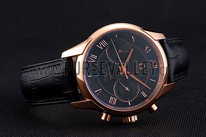 Omega DeVille Rose Gold Bezel with Black Dial and Black Leather Strap 621569