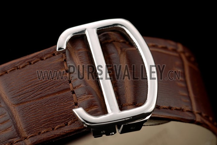 Cartier Calibre White Dial Diamonds Two Tone Case Brown Leather Bracelet