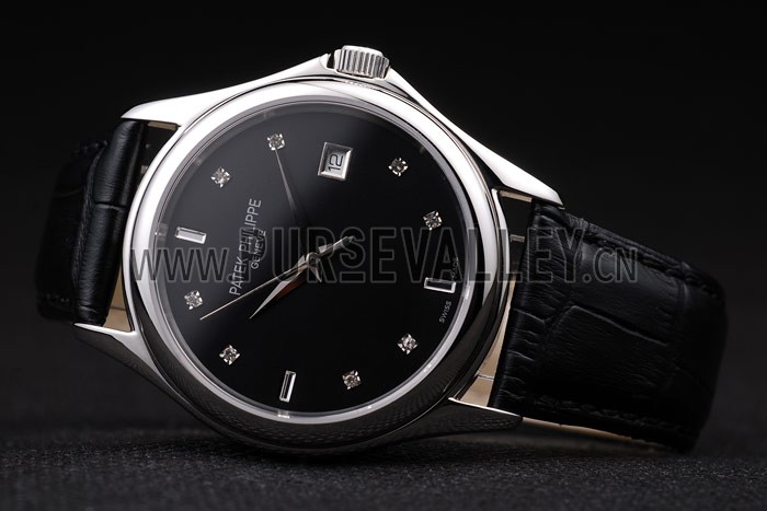 Patek Philippe Geneve Calatrava Crystal Studded Hour Marker Black Dial Black Leather Strap 98170