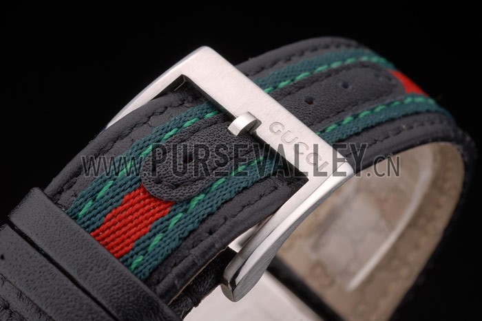 Gucci Black Leather Strap Polished Stainless Steel Bezel Black Dial 80216