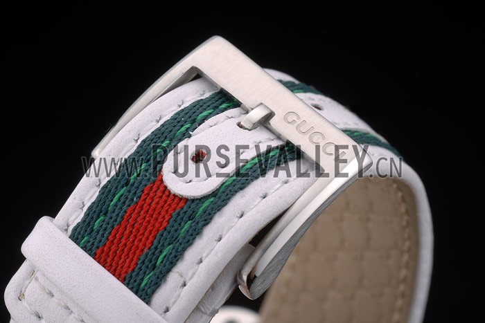 Gucci White Leather Strap Polished Stainless Steel Bezel White Dial 80218