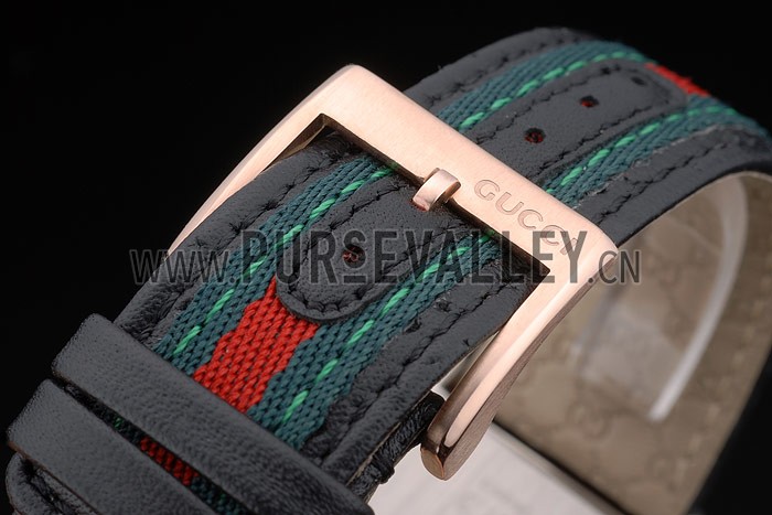 Gucci Black Leather Strap Rose Gold Bezel Black Dial 80222