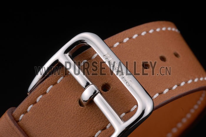 Hermes Heure H Stainless Steel Diamond Encrusted Bezel Tan Leather Strap White Dial 80232