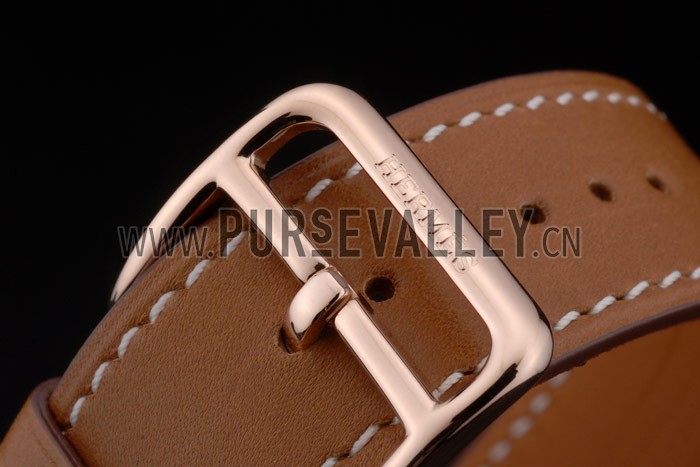 Hermes Heure H Rose Gold Diamond Encrusted Bezel Tan Leather Strap White Dial 80236