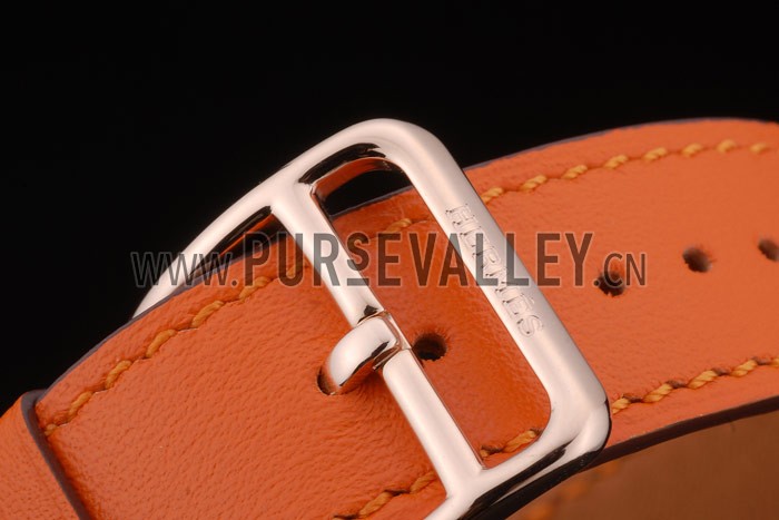 Hermes Heure H Rose Gold Diamond Encrusted Bezel Orange Leather Strap White Dial 80237