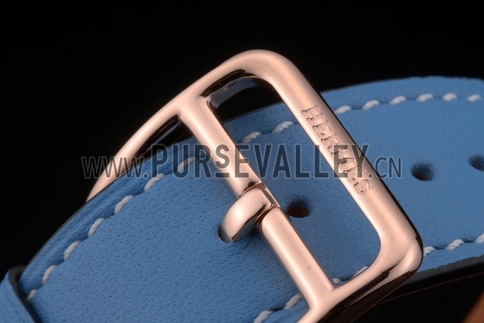 Hermes Heure H Rose Gold Diamond Encrusted Bezel Blue Leather Strap White Dial 80238