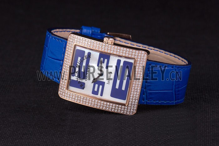 Franck Muller Infinity Diamond Encrusted Rose Gold Bezel Blue Croco Bracelet 80277