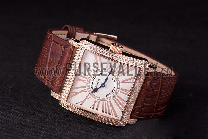Franck Muller Master Square Diamond Encrusted Rose Gold Bezel Brown Croco Bracelet 80283