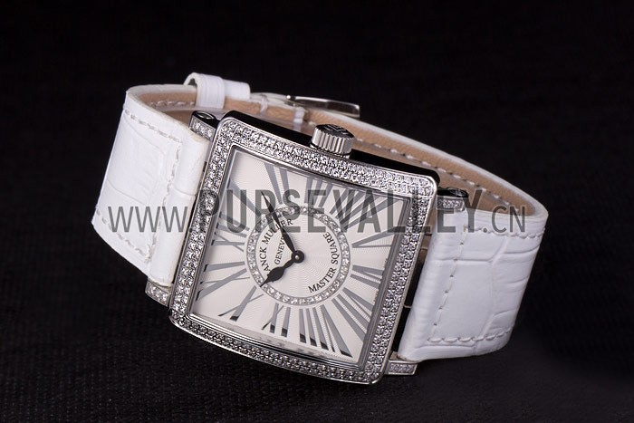 Franck Muller Master Square Diamond Encrusted Stainless Steel Bezel White Croco Bracelet 80284