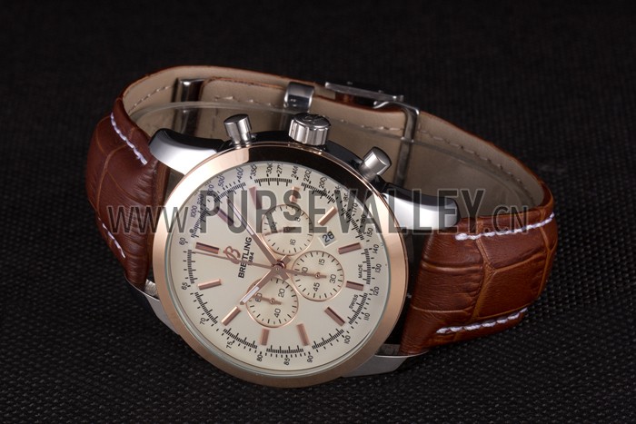 Breitling Transocean White Dial Light Brown Leather Strap Rose Gold Bezel