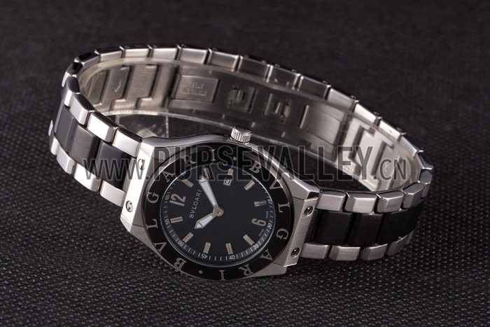 Bvlgari Diagono 40mm Black Dial Steel Case Black Bezel Two Tone Bracelet