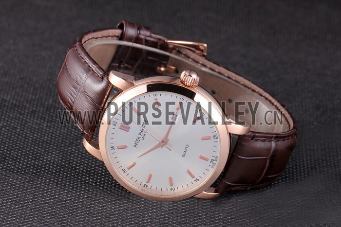 Patek Philipe Calatrava Roze Gold Polished Bezel Brown Leather Bracelet 801430