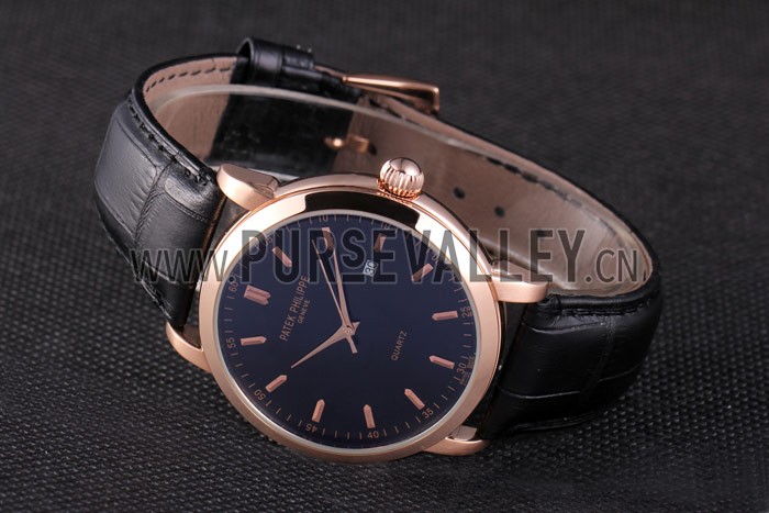 Patek Philipe Calatrava Roze Gold Polished Bezel Black Leather Bracelet 801432