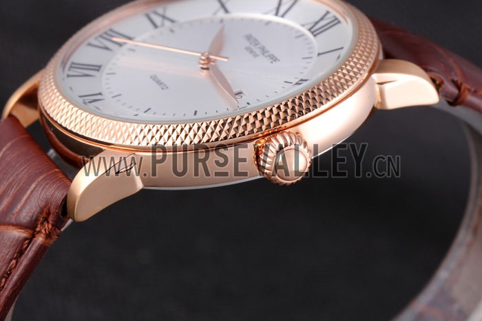 Patek Philipe Calatrava Roze Gold Ribbed Bezel Brown Leather Bracelet 801434