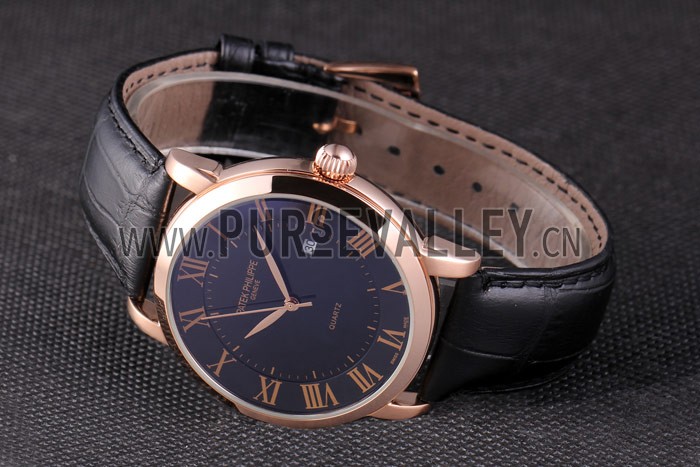 Patek Philipe Calatrava Roze Gold Polished Bezel Black Leather Bracelet 801435