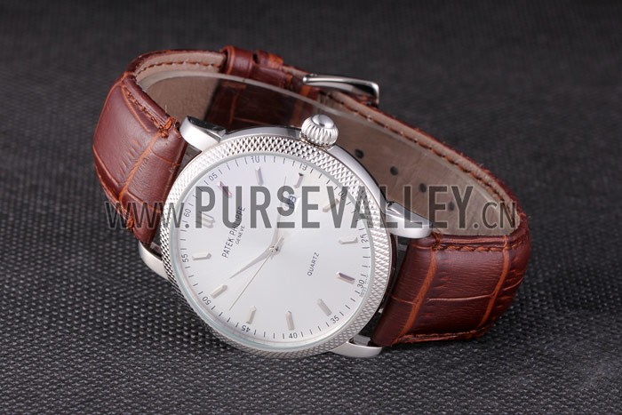 Patek Philipe Calatrava Stainless Steel Ribbed Bezel Brown Leather Bracelet 801429