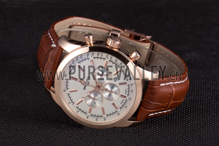 Breitling Transocean White Dial Brown Leather Strap Rose Gold Bezel