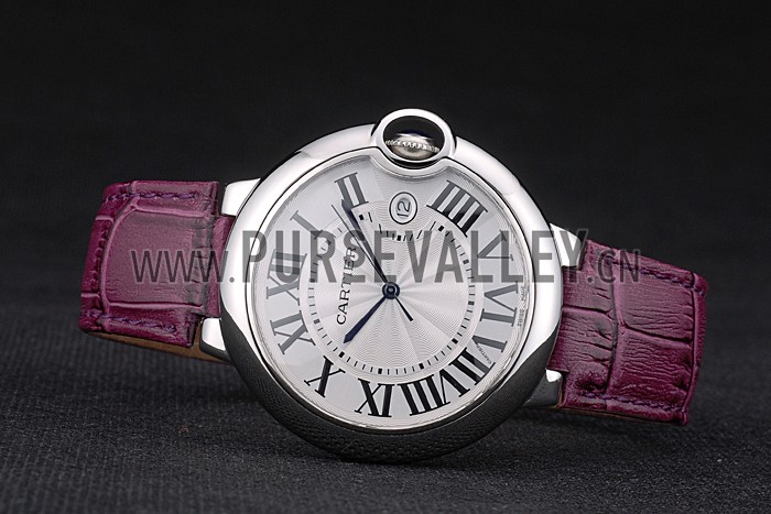 Cartier Ballon Bleu 42mm White Dial Stainless Steel Case Purple Leather Bracelet